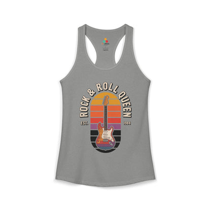 Gray tank top with 'Rock & Roll Queen' graphic design on a white background. TEEZOCA women’s rock tank top with electric guitar and “Rock & Roll Queen” vintage design