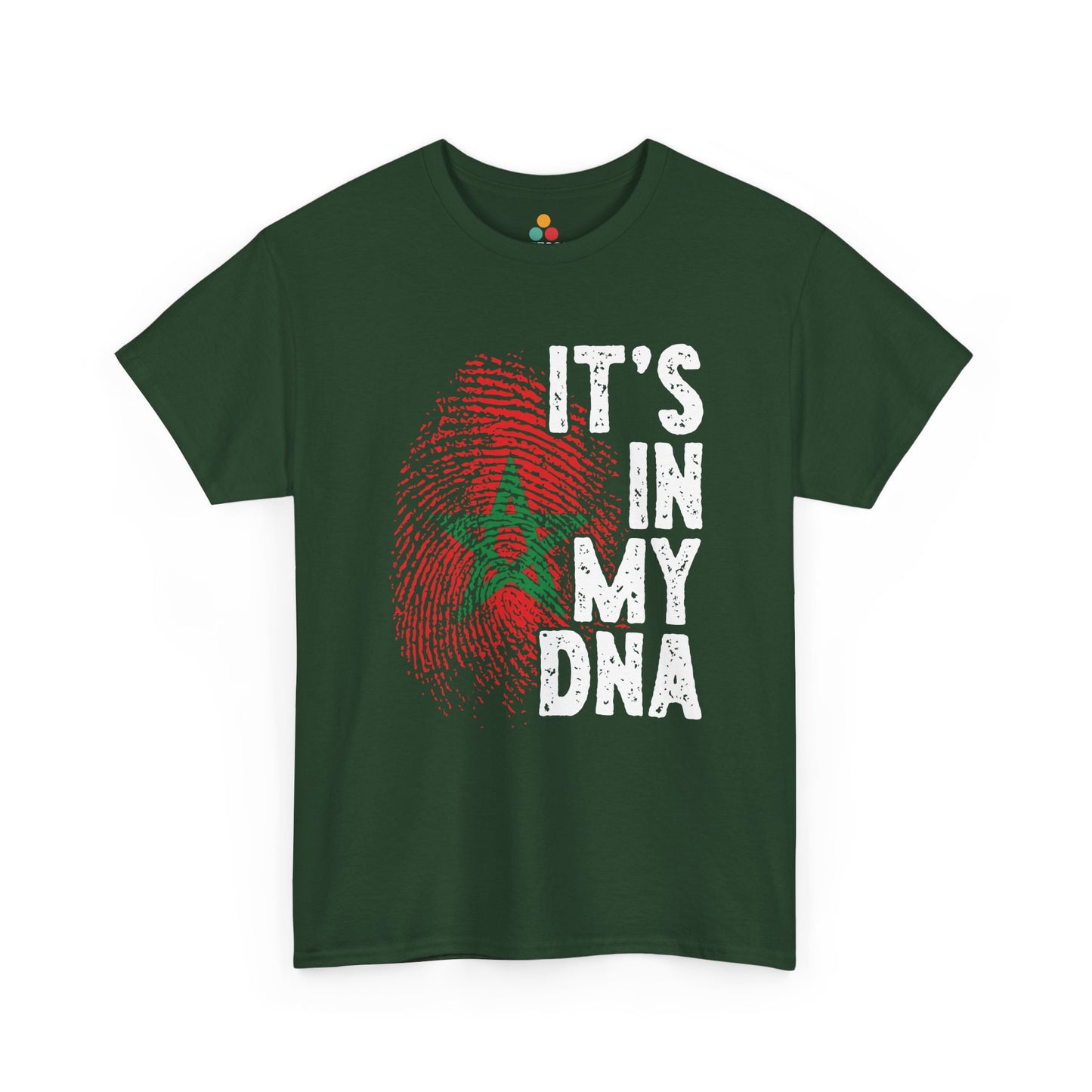 Green T-shirt featuring a red and green fingerprint in the design of the Moroccan flag with the star symbol, paired with the phrase "It's In My DNA," a Moroccan pride heritage shirt and cultural identity tee.


