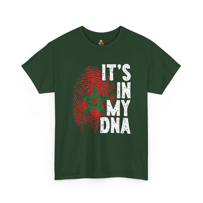 Green T-shirt featuring a red and green fingerprint in the design of the Moroccan flag with the star symbol, paired with the phrase "It's In My DNA," a Moroccan pride heritage shirt and cultural identity tee.


