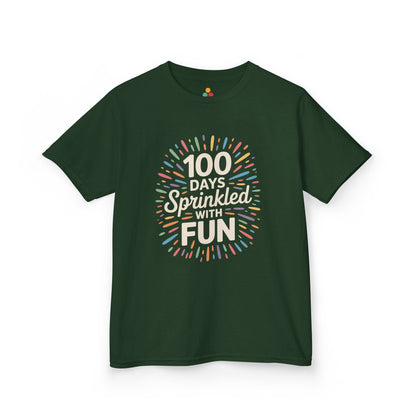 Green TEEZOCA 100 Days Sprinkled With Fun Kids T‑Shirt – Colorful School Milestone Tee