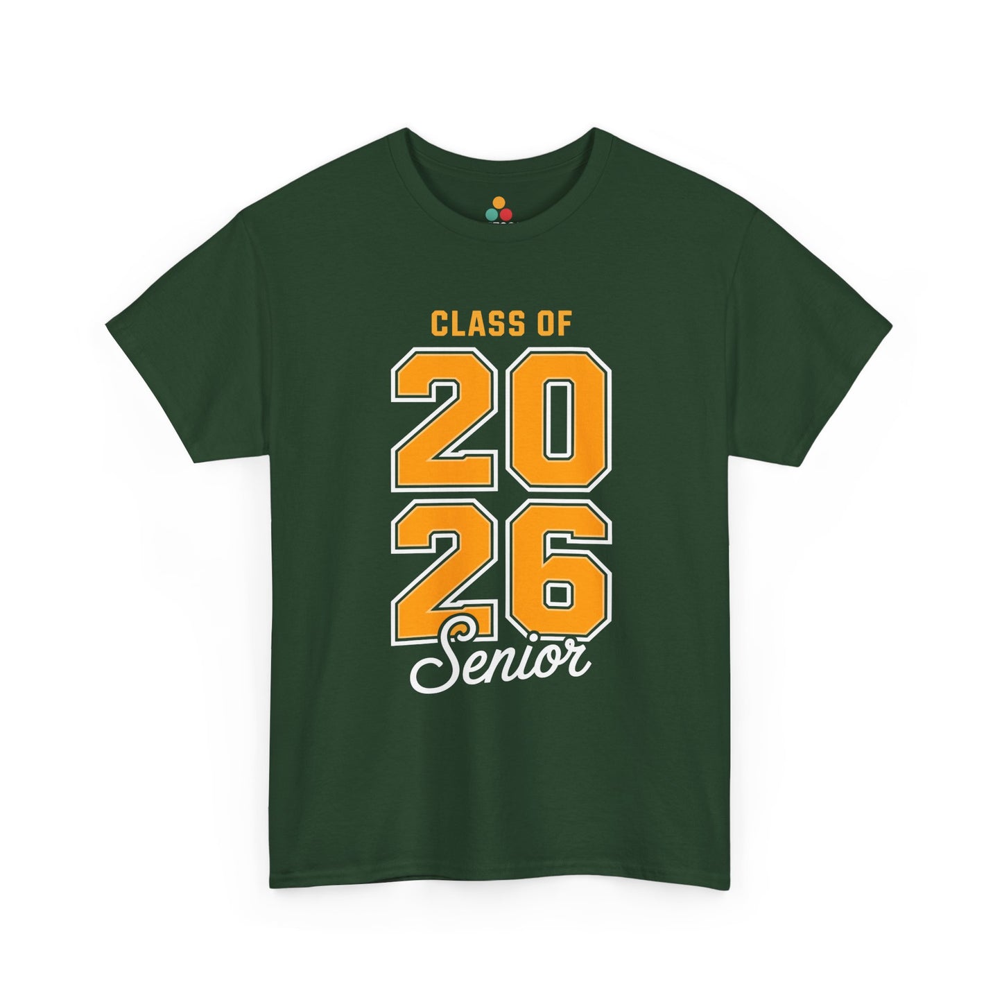 Green TEEZOCA bold yellow Class of 2026 Senior t‑shirt shown flat.