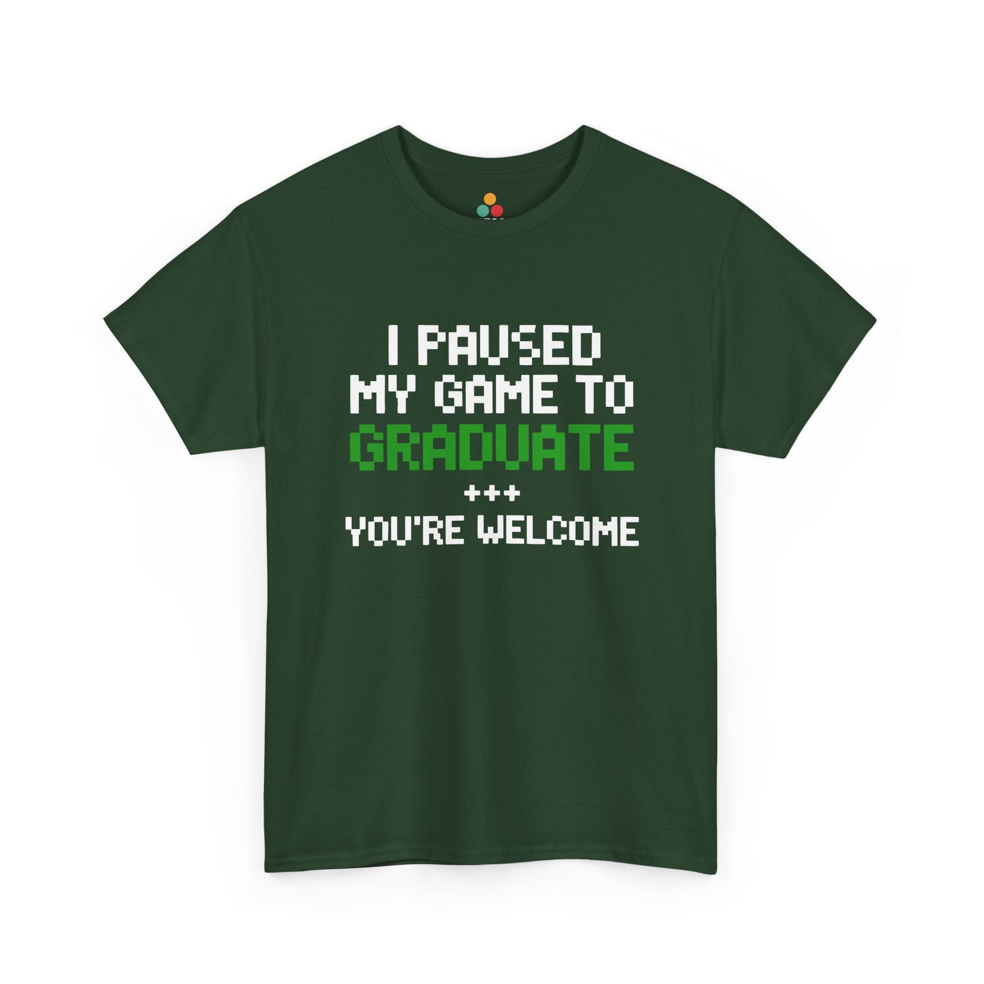 Green TEEZOCA gamer graduation text t‑shirt shown flat.