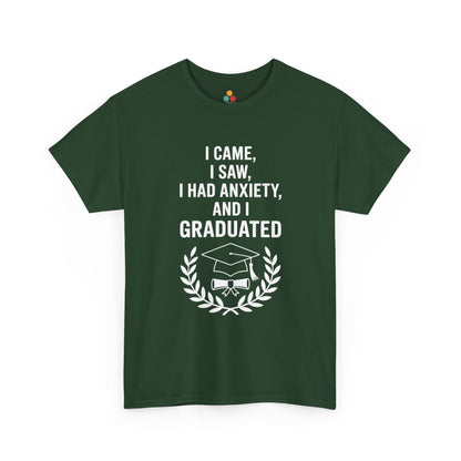 Green TEEZOCA graduation anxiety quote t‑shirt shown flat.