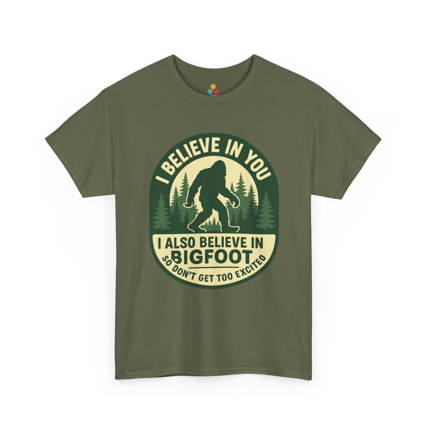 Green t-shirt with Bigfoot graphic and text on a white background