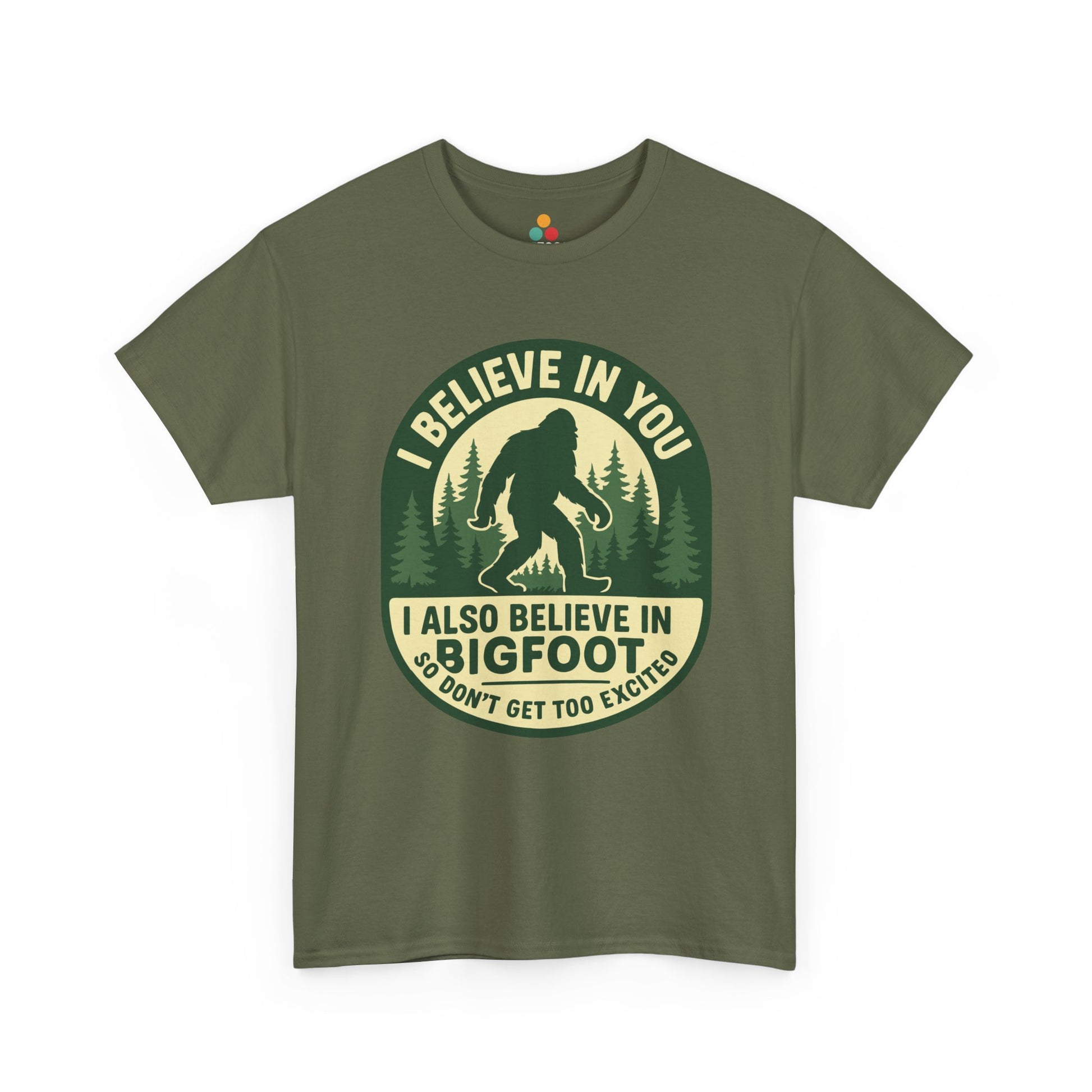 Green t-shirt with Bigfoot graphic and text on a white background