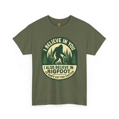Green t-shirt with Bigfoot graphic and text on a white background