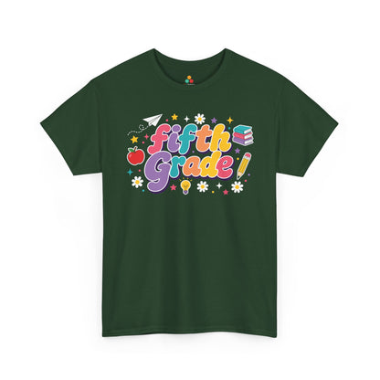 Green t-shirt with 'Fifth grade!' text and educational graphics on a white background. A bright TEEZOCA t-shirt with retro “Fifth Grade” letters and playful school symbols for shoppers browsing fifth grade teacher shirts on Amazon.