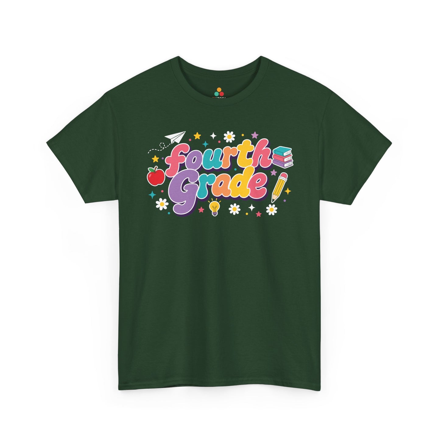 Green t-shirt with 'Fourth Grade!' text and graphics on a white background. A bright TEEZOCA t-shirt with retro “Fourth Grade” letters and playful school symbols for shoppers browsing fourth grade teacher shirts on Amazon.