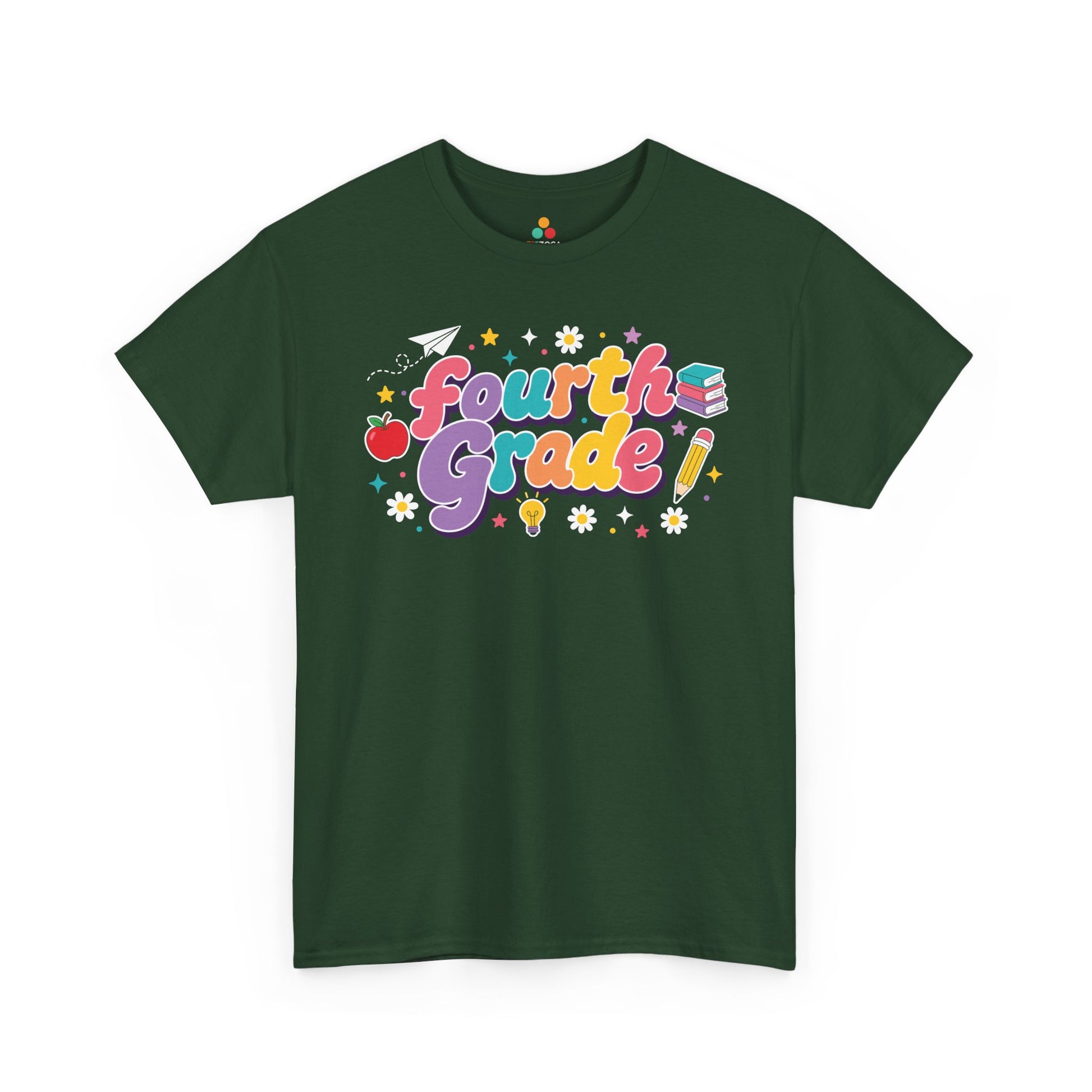 Green t-shirt with 'Fourth Grade!' text and graphics on a white background. A bright TEEZOCA t-shirt with retro “Fourth Grade” letters and playful school symbols for shoppers browsing fourth grade teacher shirts on Amazon.