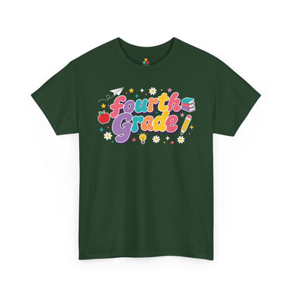 Green t-shirt with 'Fourth Grade!' text and graphics on a white background. A bright TEEZOCA t-shirt with retro “Fourth Grade” letters and playful school symbols for shoppers browsing fourth grade teacher shirts on Amazon.