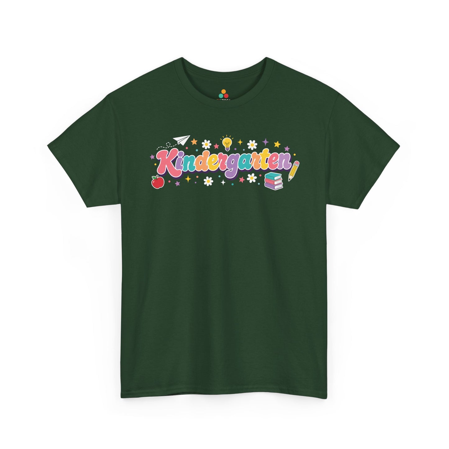 Green t-shirt with 'Kindergarten' design on a white background. A bright TEEZOCA t-shirt with retro “Kindergarten” script, an apple, pencil, books, and stars for shoppers browsing kindergarten teacher shirts on Amazon.