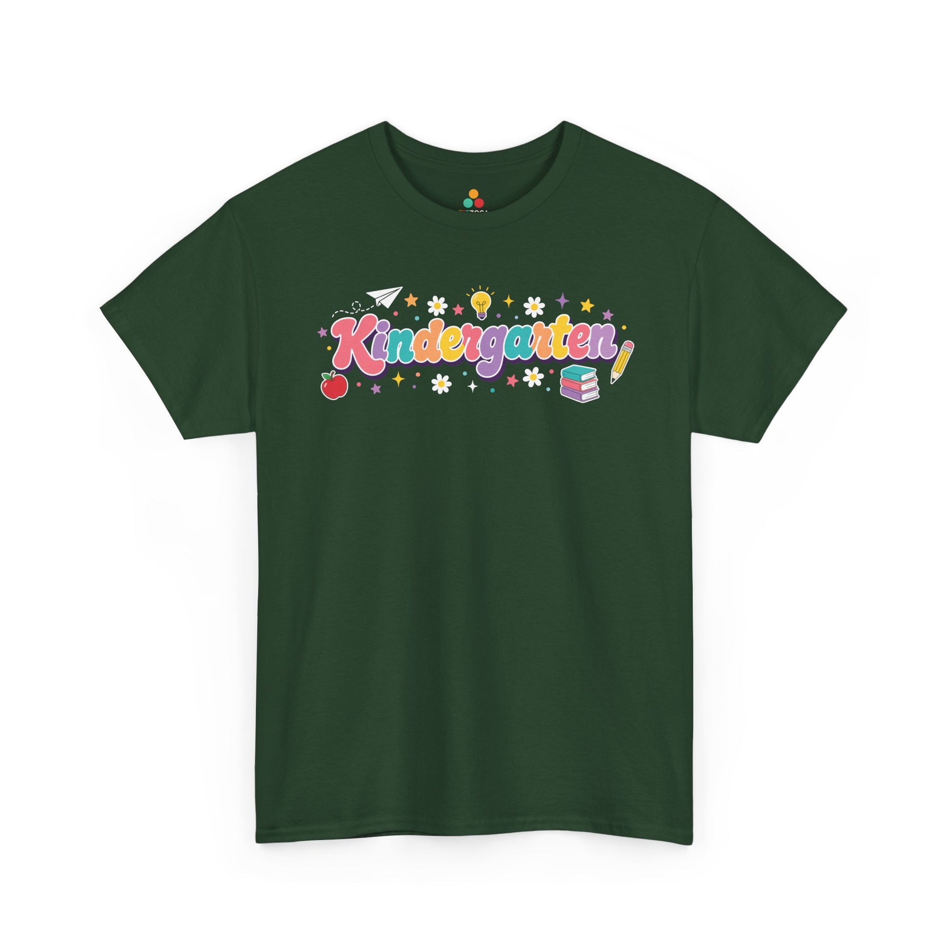 Green t-shirt with 'Kindergarten' design on a white background. A bright TEEZOCA t-shirt with retro “Kindergarten” script, an apple, pencil, books, and stars for shoppers browsing kindergarten teacher shirts on Amazon.
