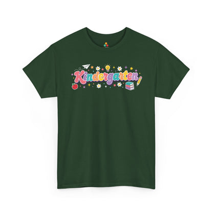 Green t-shirt with 'Kindergarten' design on a white background. A bright TEEZOCA t-shirt with retro “Kindergarten” script, an apple, pencil, books, and stars for shoppers browsing kindergarten teacher shirts on Amazon.