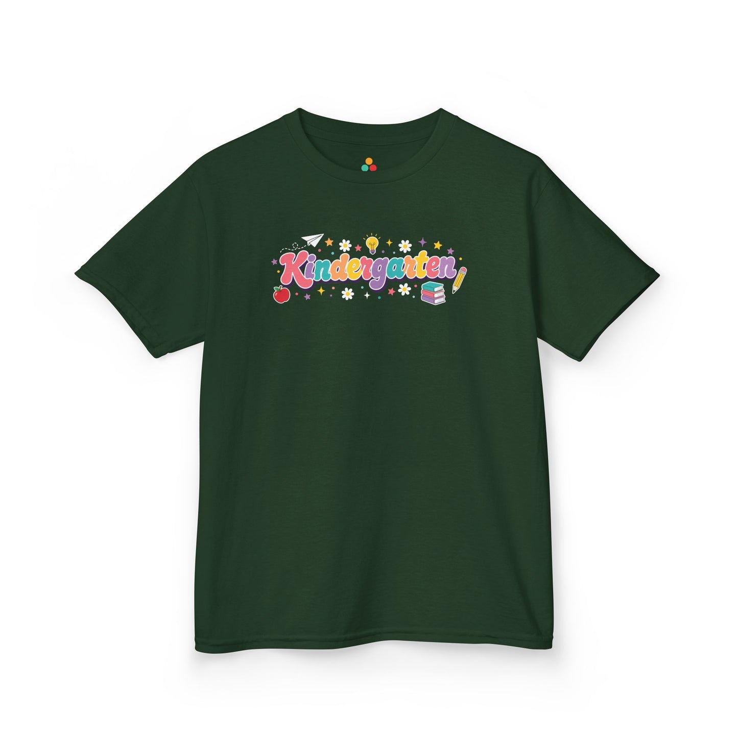 Green t-shirt with 'Kindergarten' text on a white background. TEEZOCA t-shirt design with bright classroom doodles and a cheerful 1st day of kindergarten shirt look.