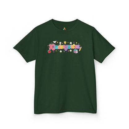 Green t-shirt with 'Kindergarten' text on a white background. TEEZOCA t-shirt design with bright classroom doodles and a cheerful 1st day of kindergarten shirt look.