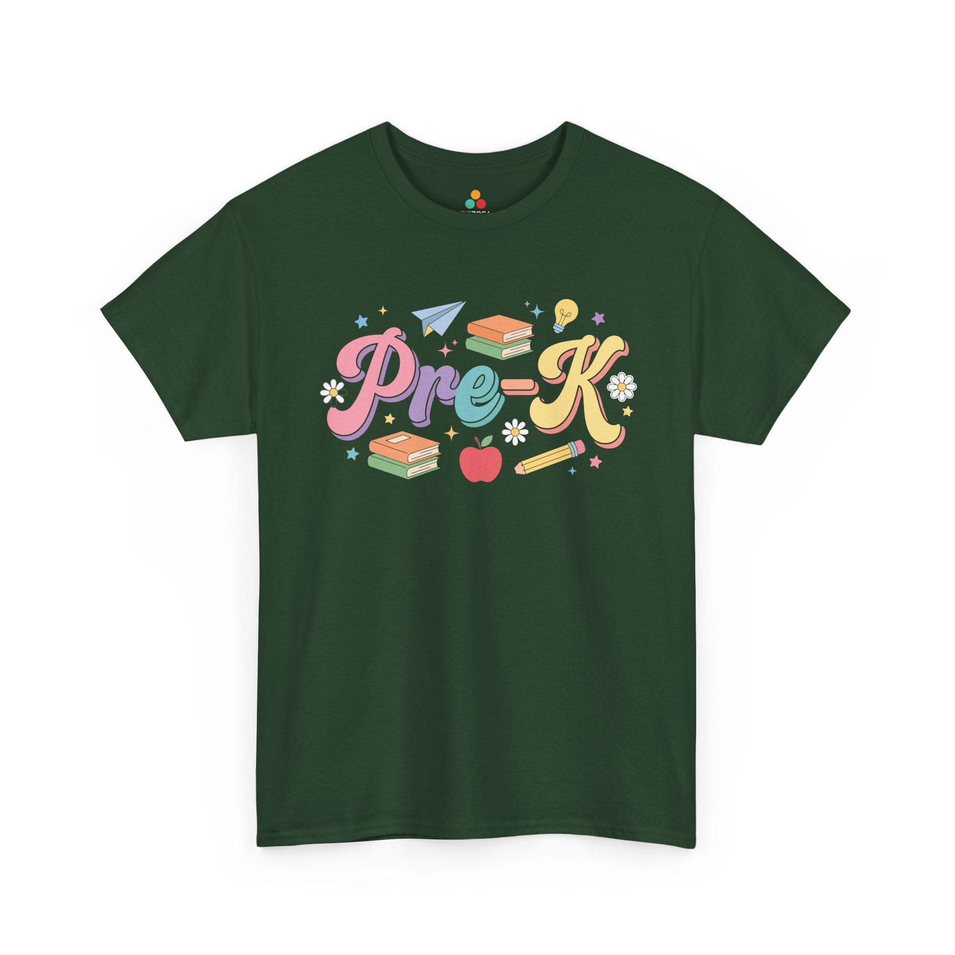 Green t-shirt with 'Pre-K' design on a white background. TEEZOCA t-shirt artwork for a cute pre-k teacher shirt, featuring pastel shadows, stacked books, a daisy, apple, and light bulb.