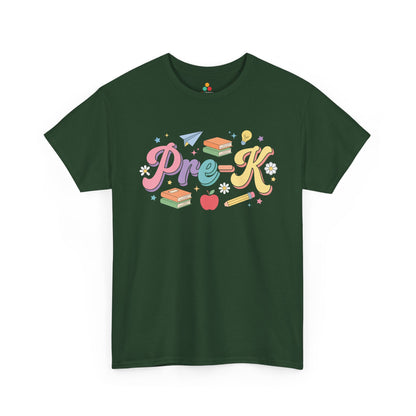 Green t-shirt with 'Pre-K' design on a white background. TEEZOCA t-shirt artwork for a cute pre-k teacher shirt, featuring pastel shadows, stacked books, a daisy, apple, and light bulb.