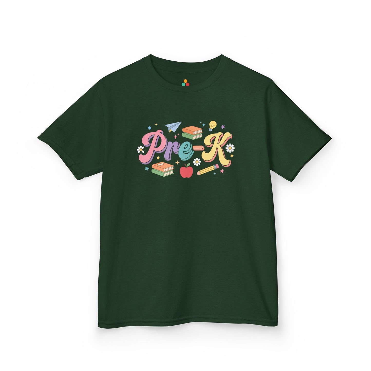 Green t-shirt with 'Pre-K' design on a white background. TEEZOCA t-shirt with soft classroom doodles for parents browsing Pre-K Shirts for Girls and first-day photo outfits.