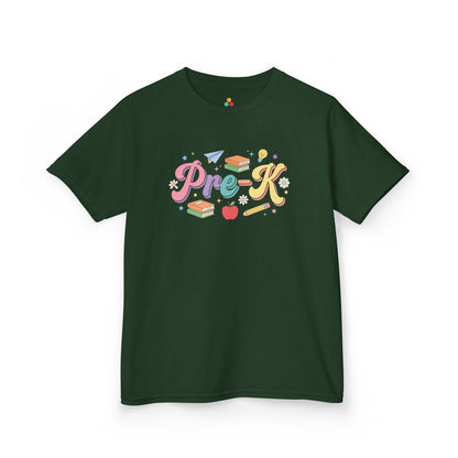 Green t-shirt with 'Pre-K' design on a white background. TEEZOCA t-shirt with soft classroom doodles for parents browsing Pre-K Shirts for Girls and first-day photo outfits.