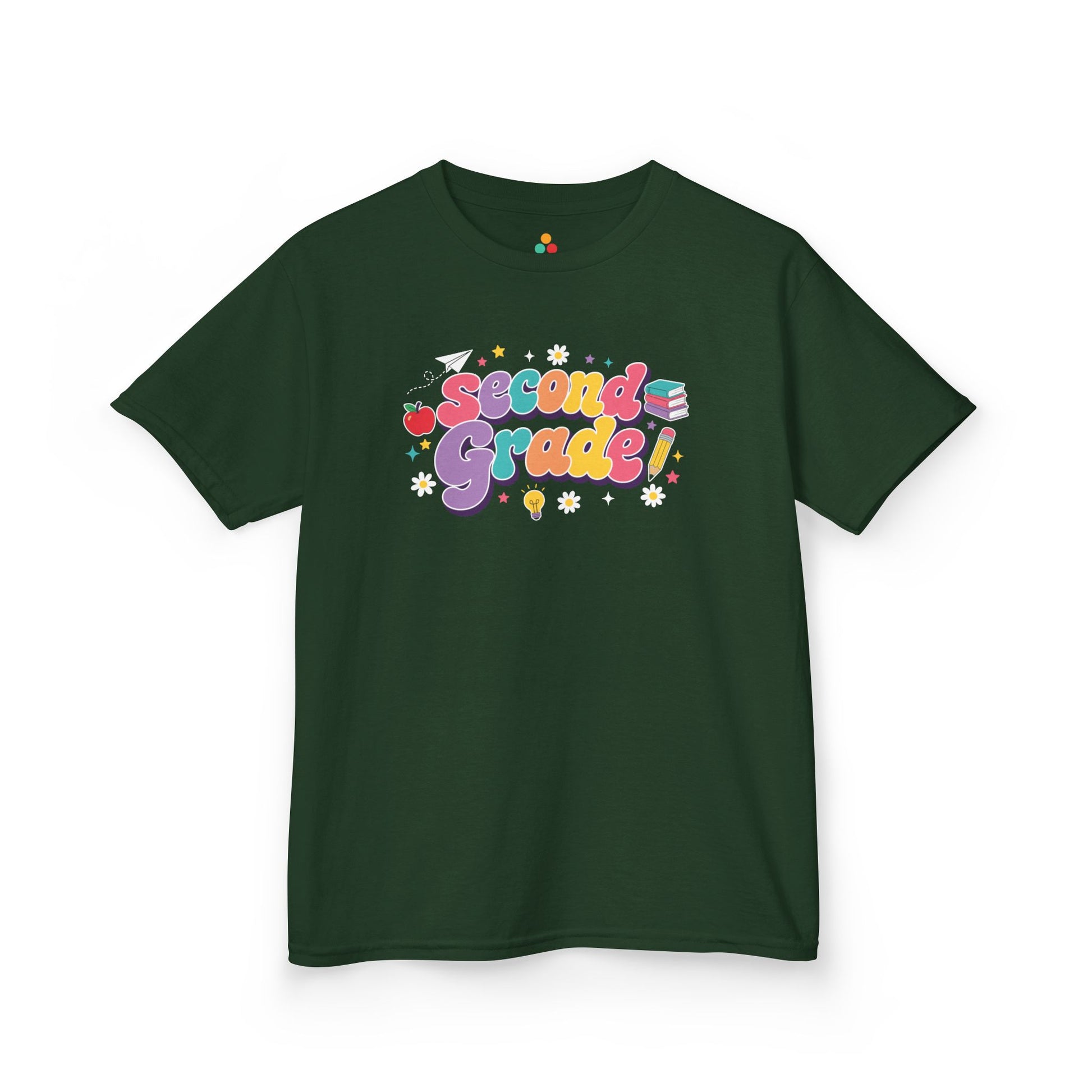 Green t-shirt with 'Second Grade!' text on a white background. Bright TEEZOCA t-shirt featuring Second Grade word art, an apple, pencil, books, and a first day of second grade shirt look.