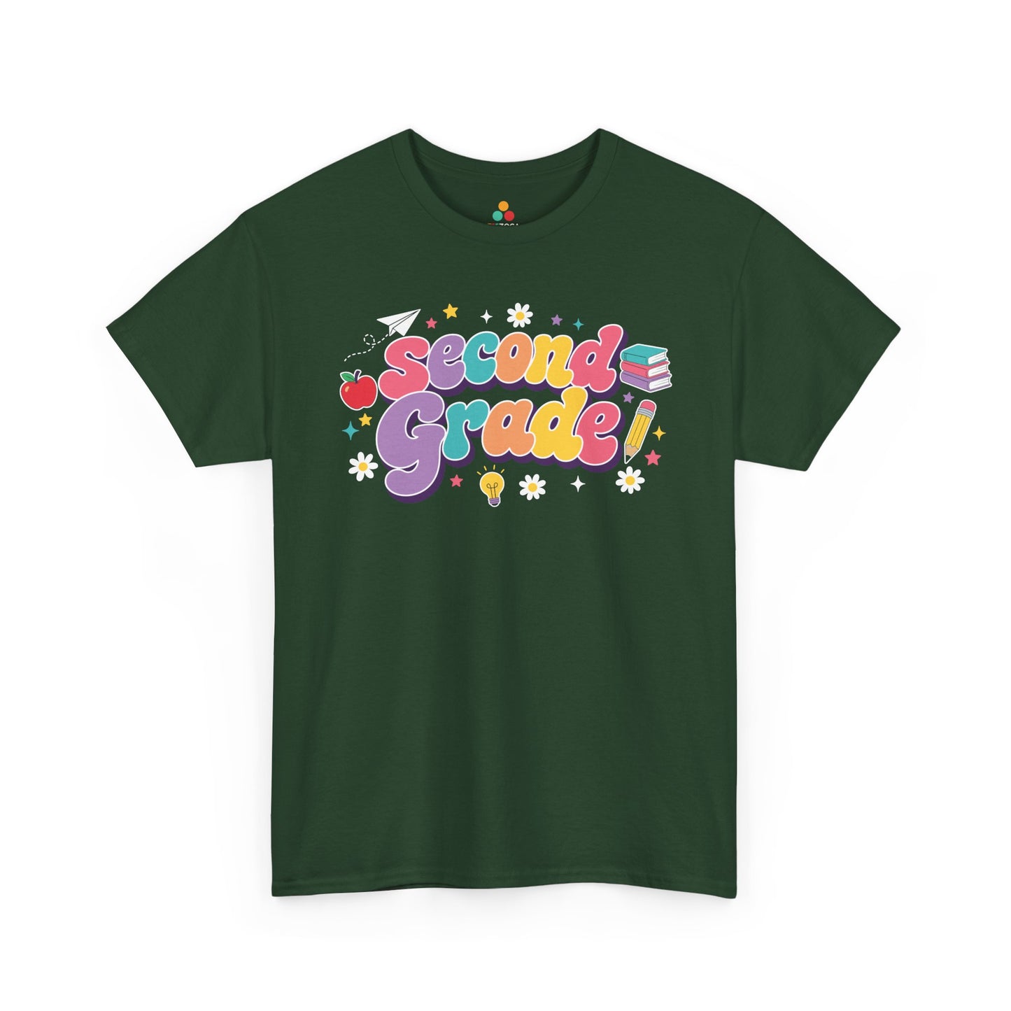 Green t-shirt with 'Second Grade!' text on a white background. Colorful TEEZOCA second grade teacher t-shirt with coral, lavender, teal, peach, and yellow lettering, created for classroom teams.