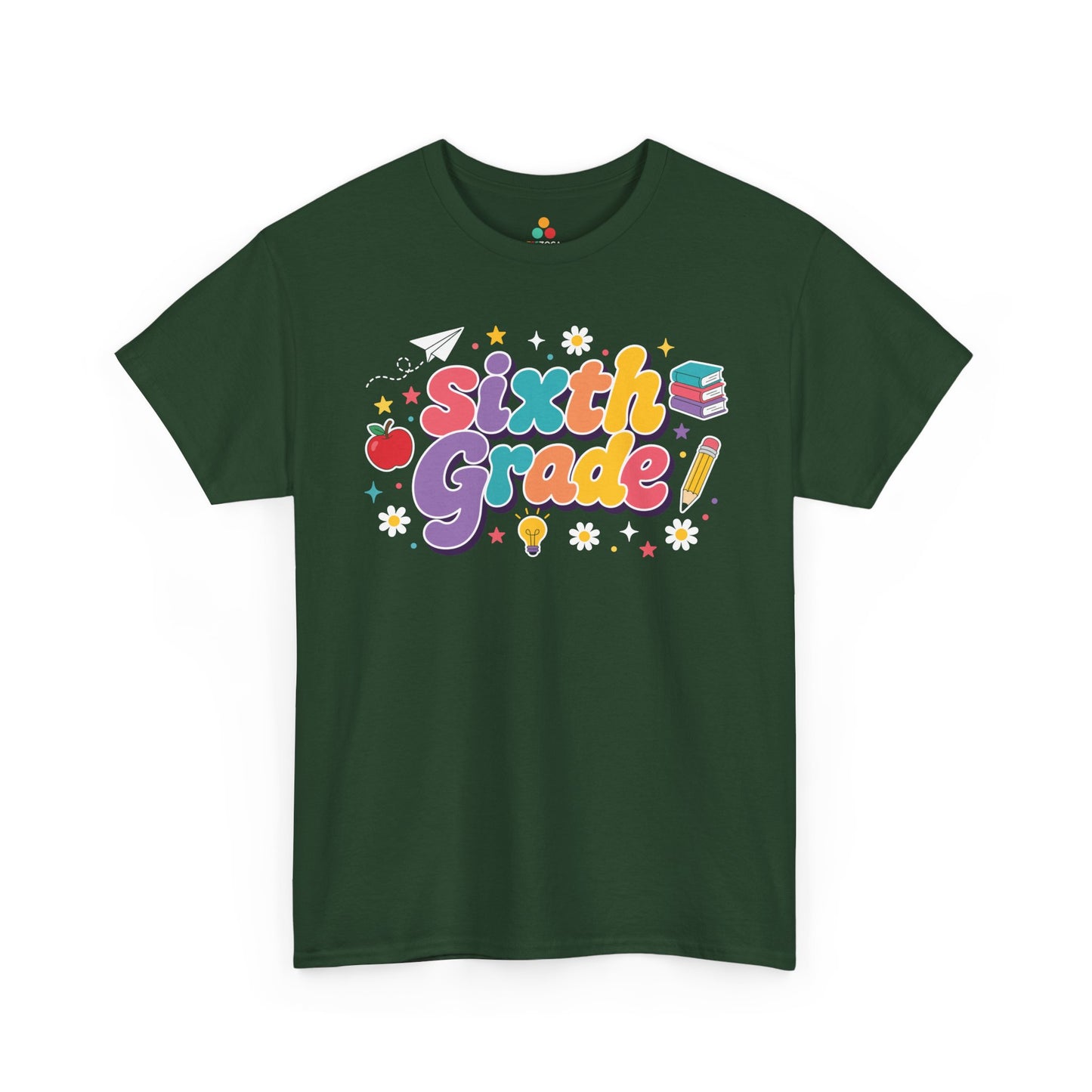 Green t-shirt with 'Sixth Grade!' design on a white background. A bright TEEZOCA t-shirt with retro “Sixth Grade” letters and playful school symbols for shoppers browsing sixth grade teacher shirts on Amazon.