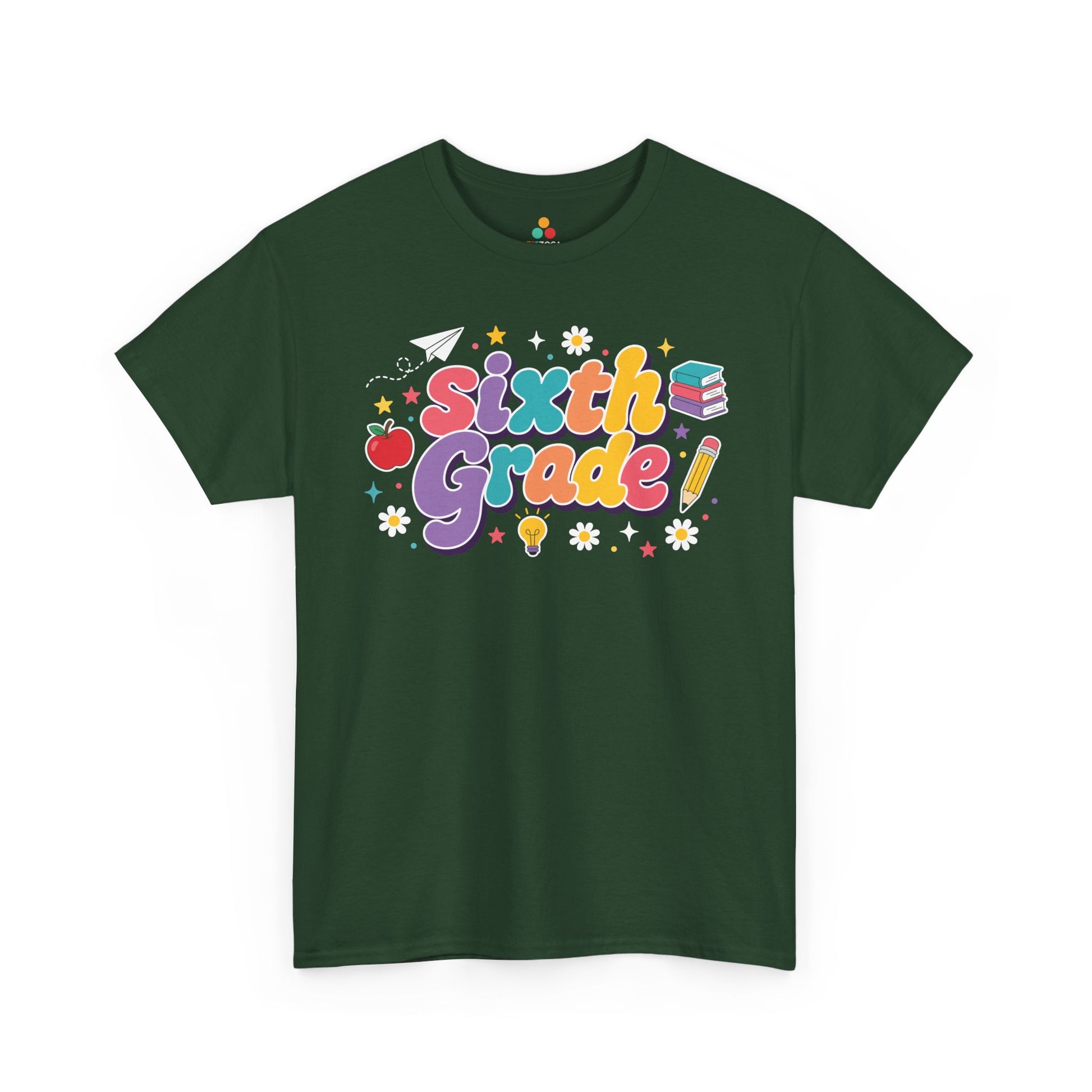Green t-shirt with 'Sixth Grade!' design on a white background. A bright TEEZOCA t-shirt with retro “Sixth Grade” letters and playful school symbols for shoppers browsing sixth grade teacher shirts on Amazon.