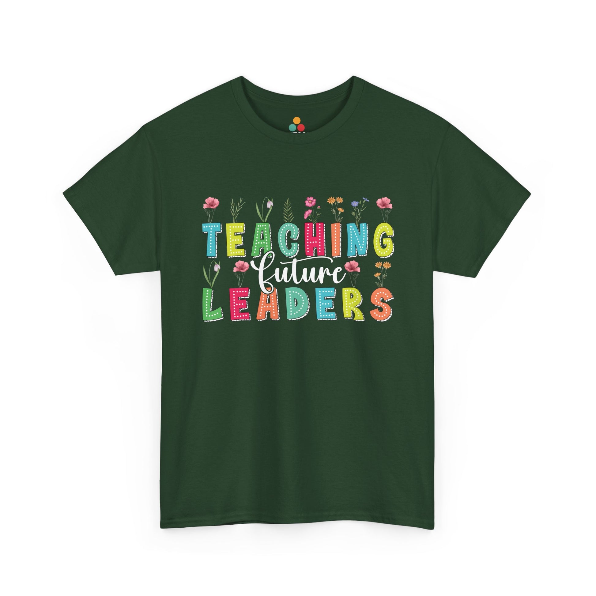 Green t-shirt with 'Teaching Future Leaders' text and floral designs on a white background