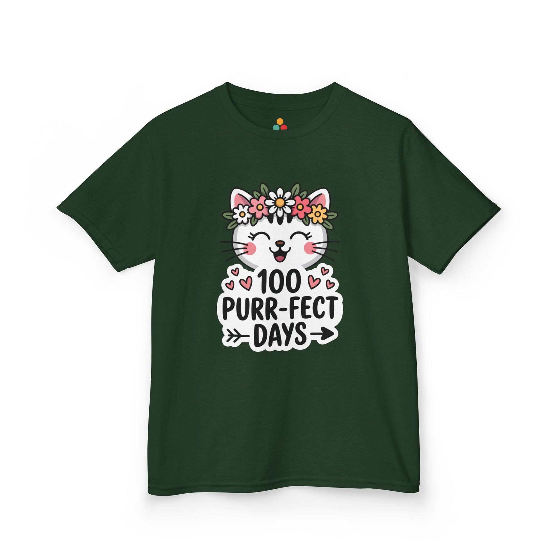 Green t-shirt with a cat graphic and '100 Purr-fect Days' text on a white background. Perfect for girls on 100 days of school celebration