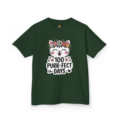 Green t-shirt with a cat graphic and '100 Purr-fect Days' text on a white background. Perfect for girls on 100 days of school celebration