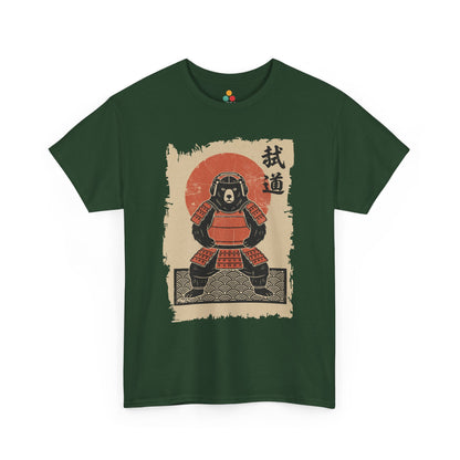 Green t-shirt with a graphic of A Vintage Japanese ukiyo-e style bear samurai in red armor with red sun background.​

