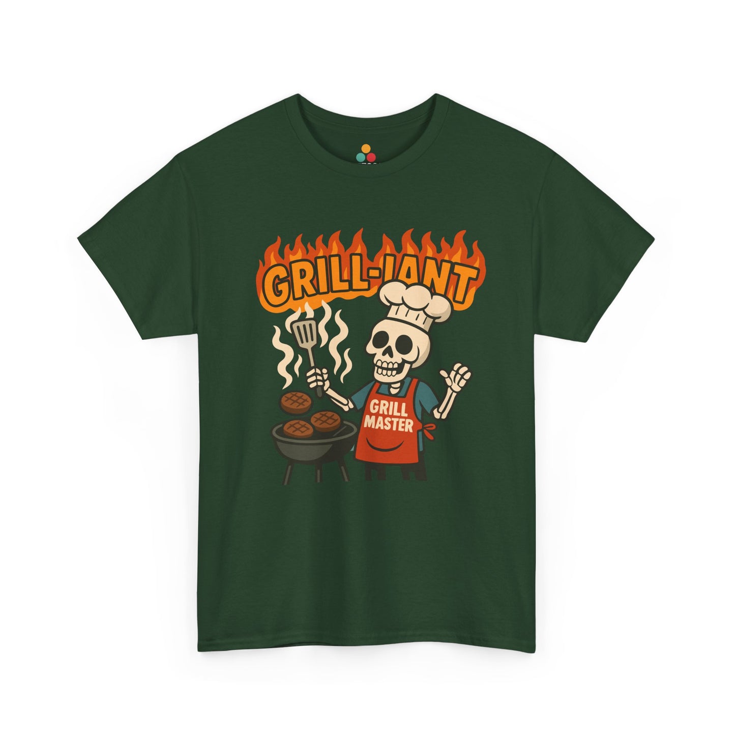 Green t-shirt with a skull graphic and 'Grill-Jant Grill Master' text on a white background