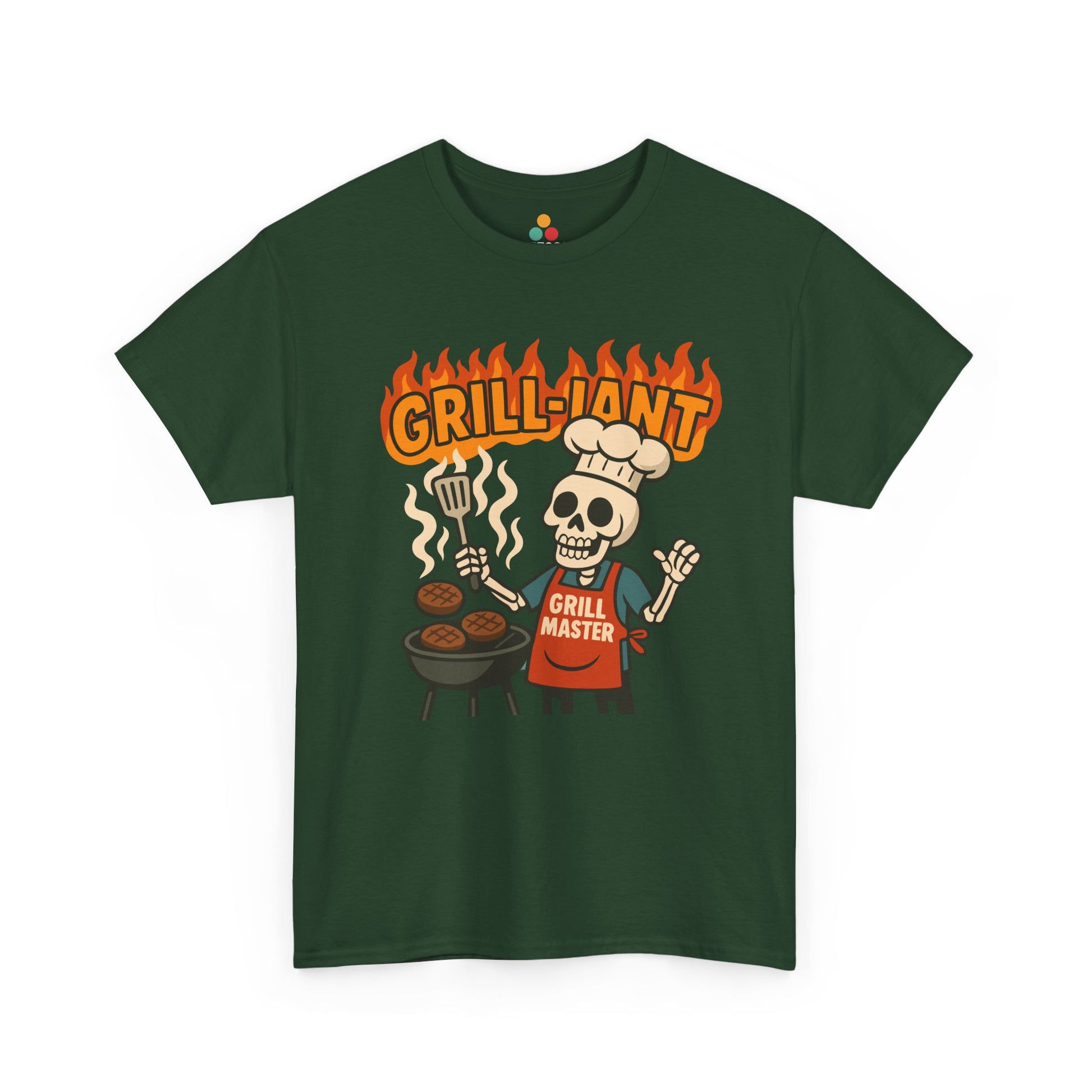 Green t-shirt with a skull graphic and 'Grill-Jant Grill Master' text on a white background