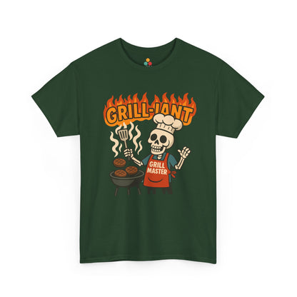Green t-shirt with a skull graphic and 'Grill-Jant Grill Master' text on a white background