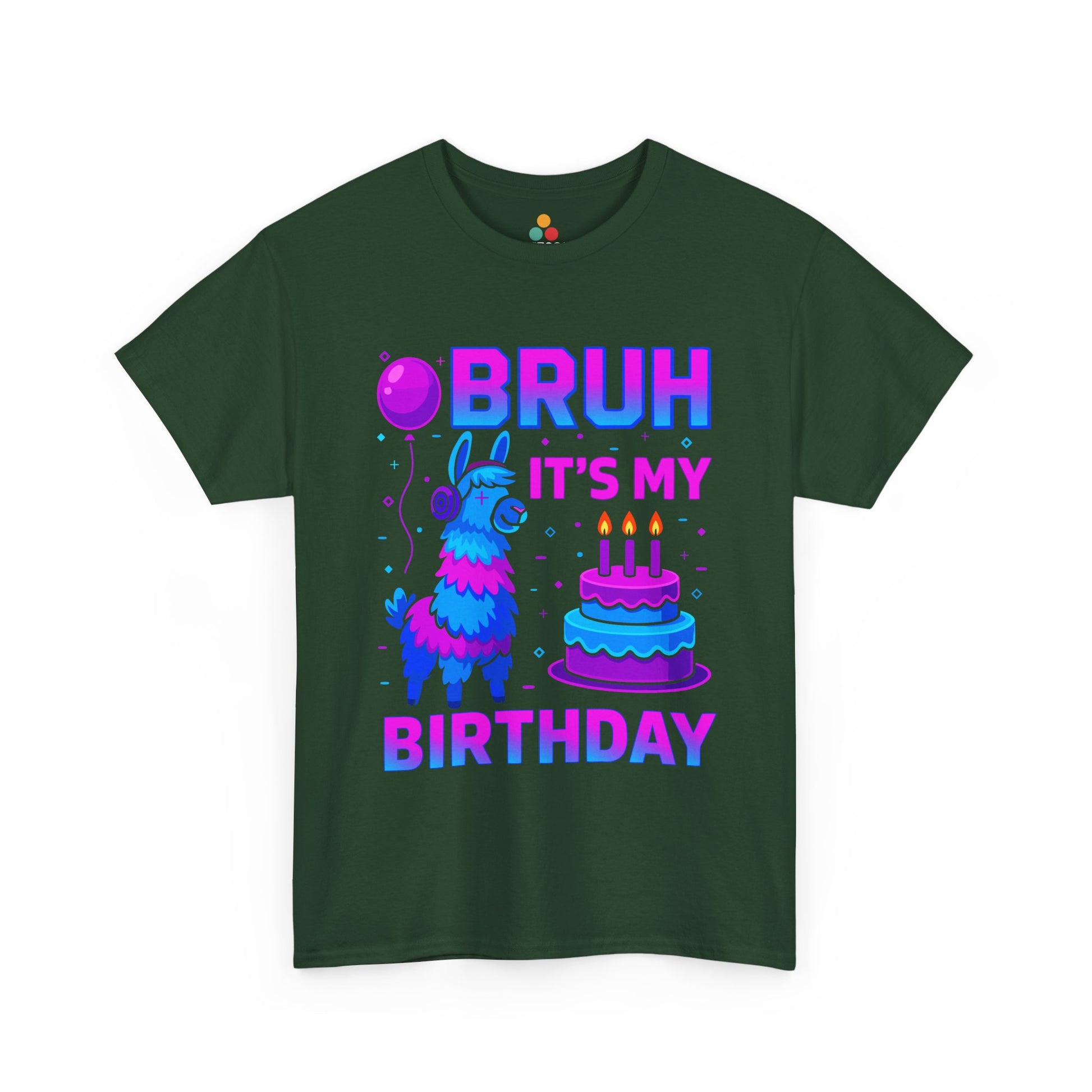 Green t-shirt with colorful birthday design featuring a llama and cake on a white background