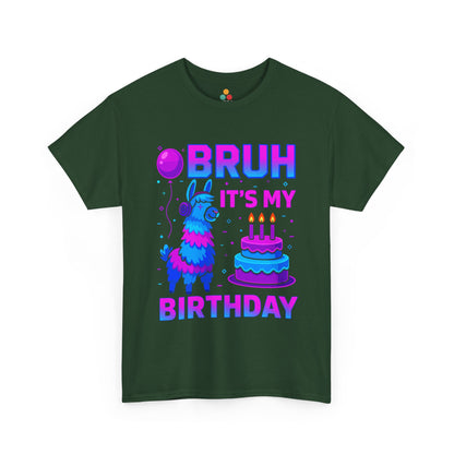 Green t-shirt with colorful birthday design featuring a llama and cake on a white background