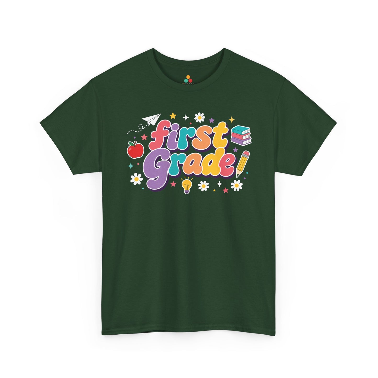 Green t-shirt with 'first grade!' text and educational graphics on a white background. A bright TEEZOCA t-shirt with retro “First Grade” letters and playful school symbols for shoppers browsing first grade teacher shirts on Amazon.