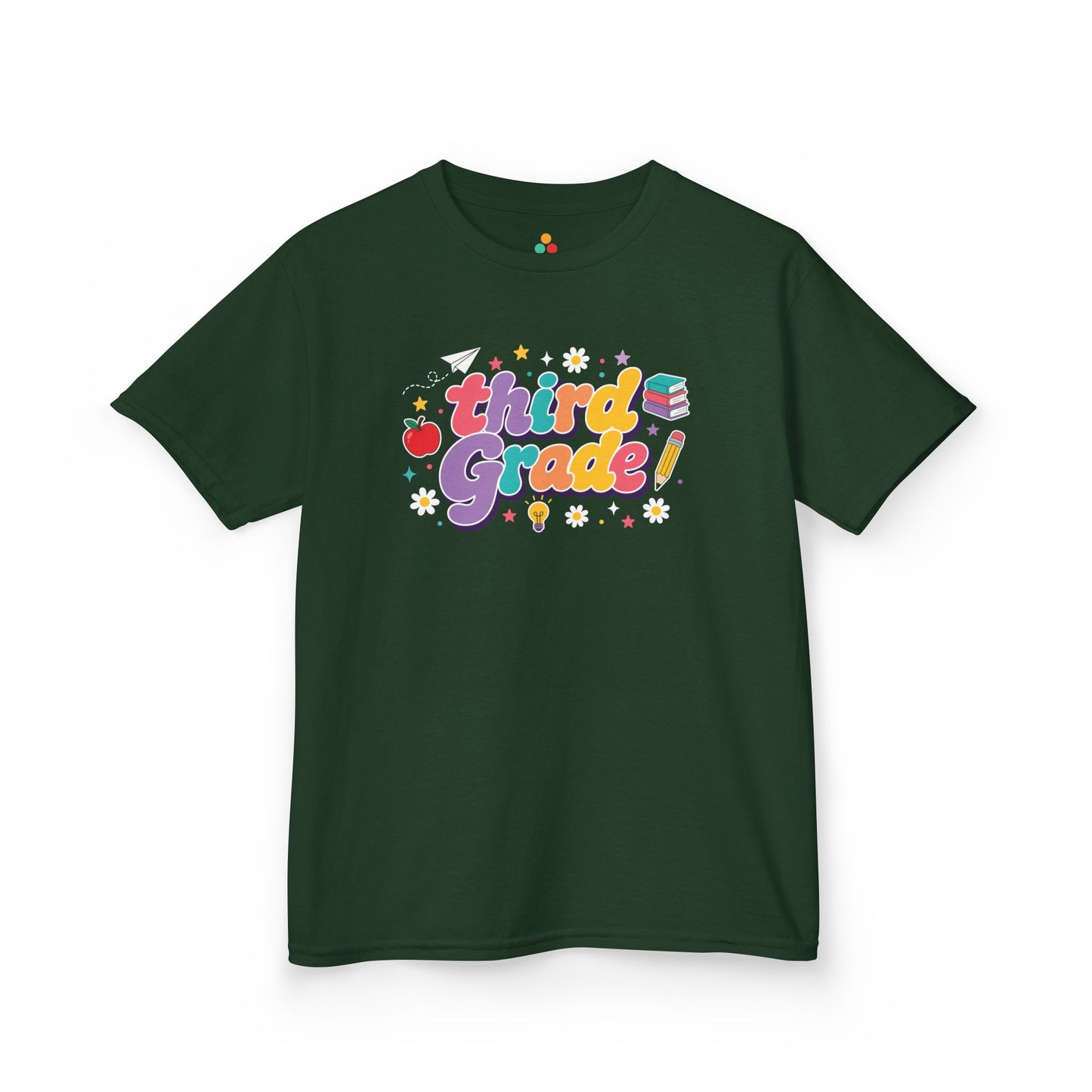 Green t-shirt with 'third Grade!' text and graphics on a white background. TEEZOCA t-shirt with rainbow school lettering for parents browsing a 3rd Grade Shirt for Girls.