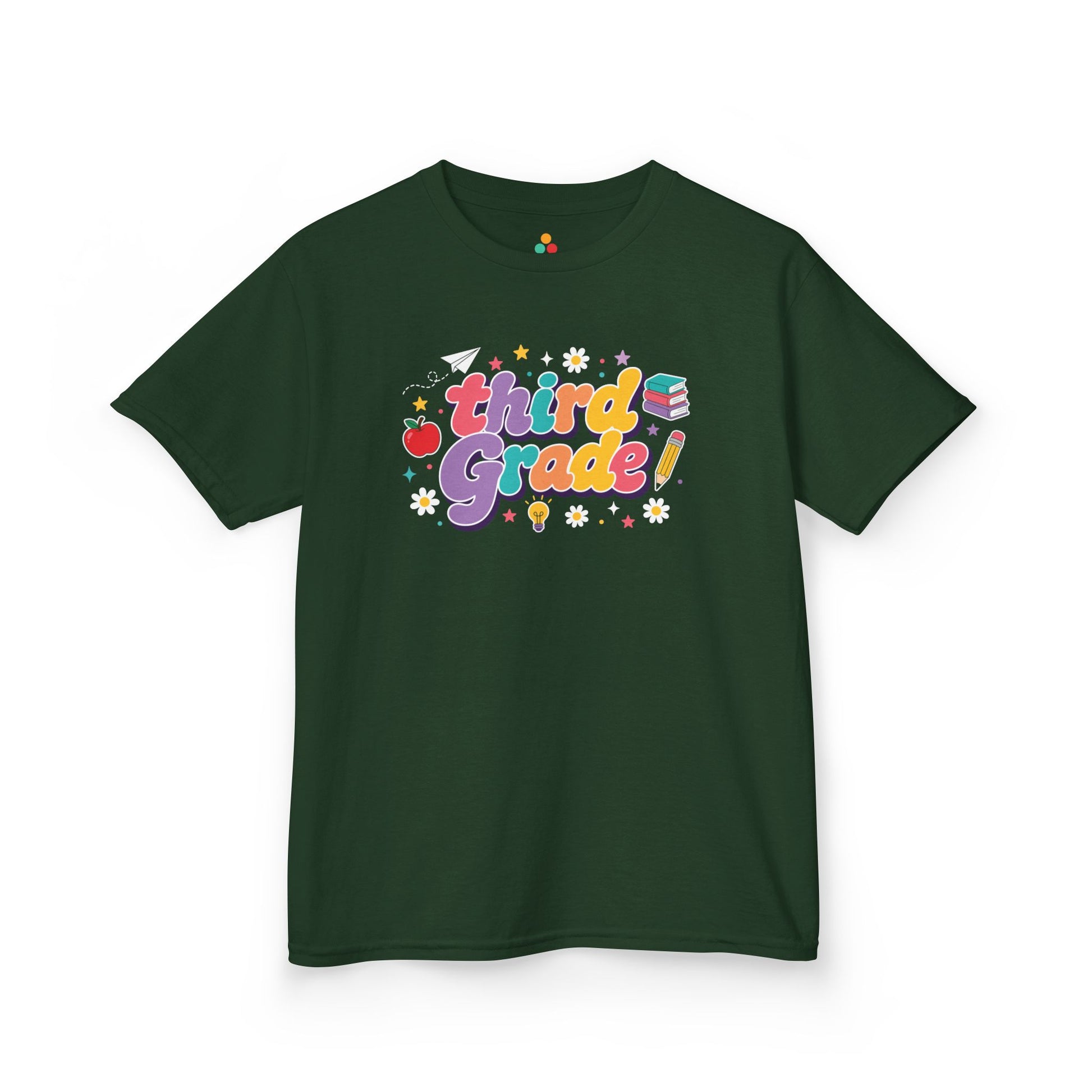 Green t-shirt with 'third Grade!' text and graphics on a white background. TEEZOCA t-shirt with rainbow school lettering for parents browsing a 3rd Grade Shirt for Girls.