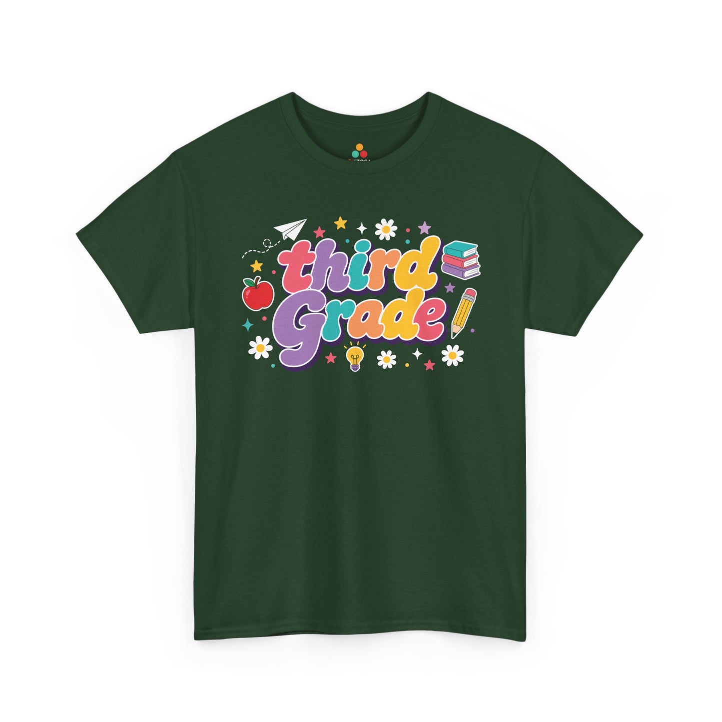 Green t-shirt with 'third grade!' text and educational graphics on a white background. A bright TEEZOCA t-shirt with retro “Third Grade” letters and playful school symbols for shoppers browsing third grade teacher shirts on Amazon.