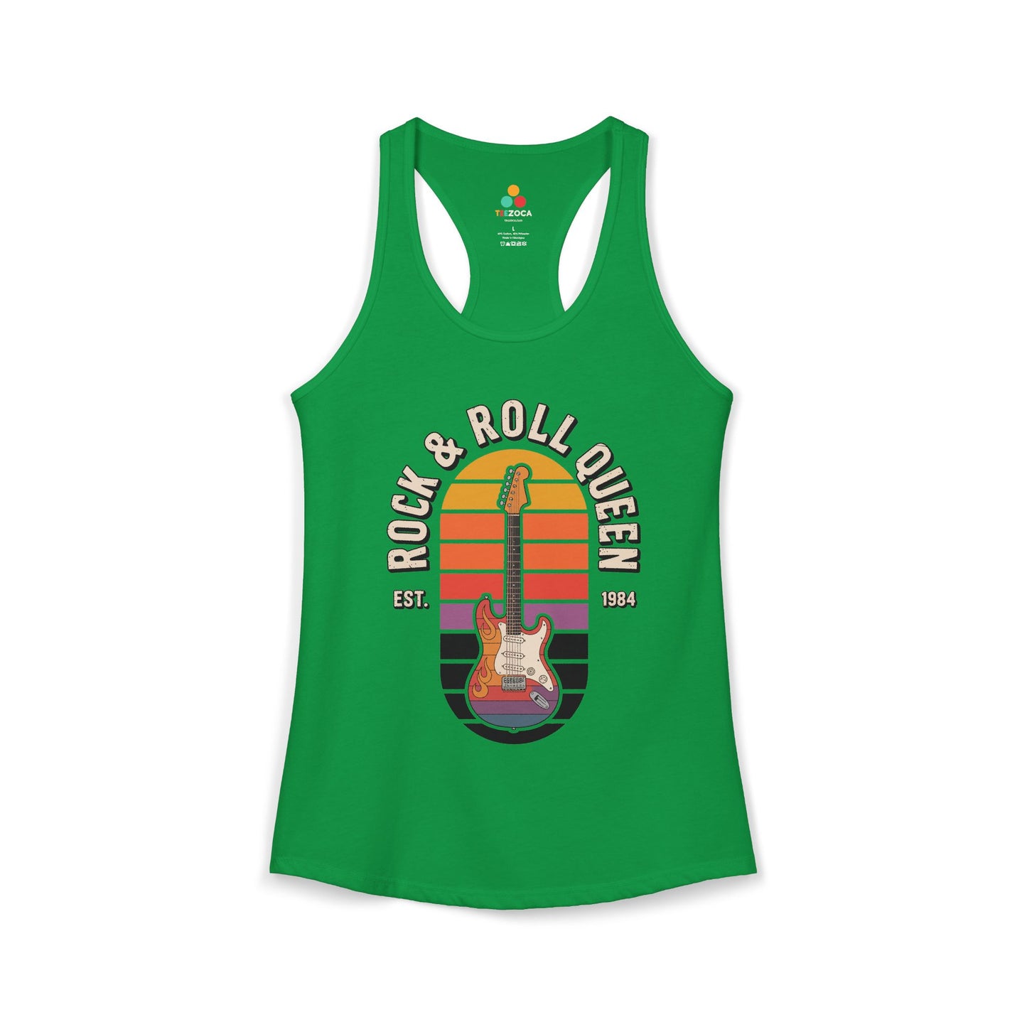 Green tank top with 'Rock & Roll Queen' graphic design on a white background. TEEZOCA women’s rock tank top with electric guitar and “Rock & Roll Queen” vintage design