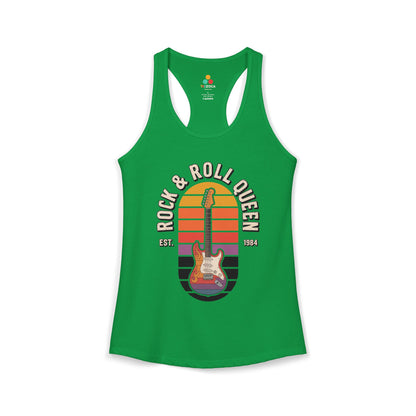 Green tank top with 'Rock & Roll Queen' graphic design on a white background. TEEZOCA women’s rock tank top with electric guitar and “Rock & Roll Queen” vintage design