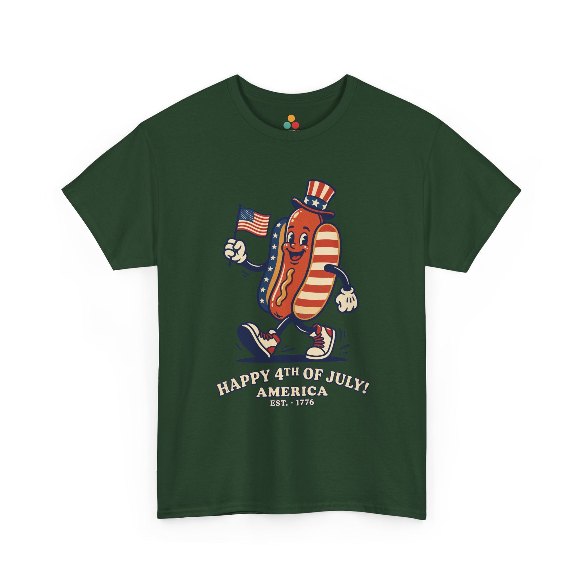 Happy 4th of July Cartoon Hot Dog forest green T-Shirt – Funny Patriotic Gift for Men and Women | TEEZOCA 