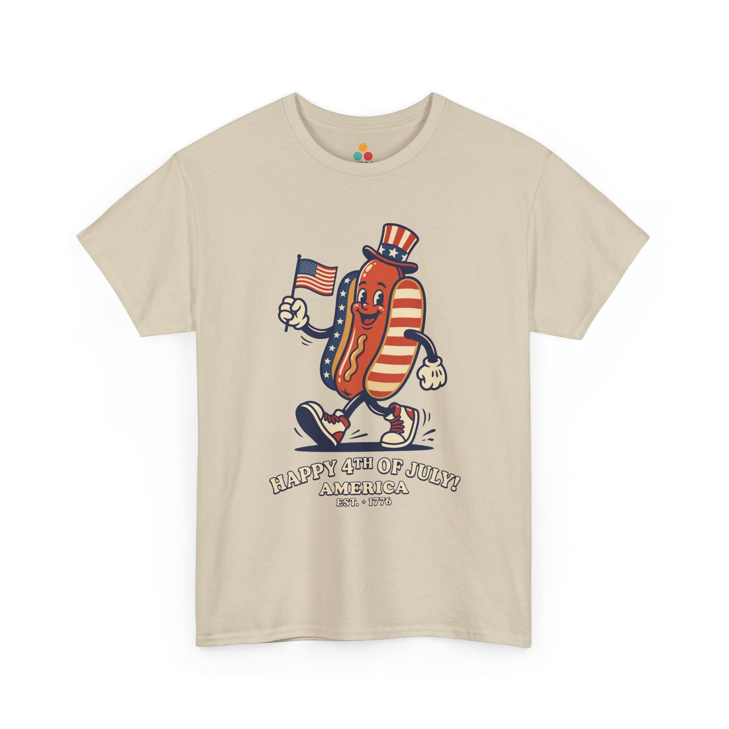 Happy 4th of July Cartoon Hot Dog oatmeal beige T-Shirt – Funny Patriotic Gift for Men and Women | TEEZOCA 