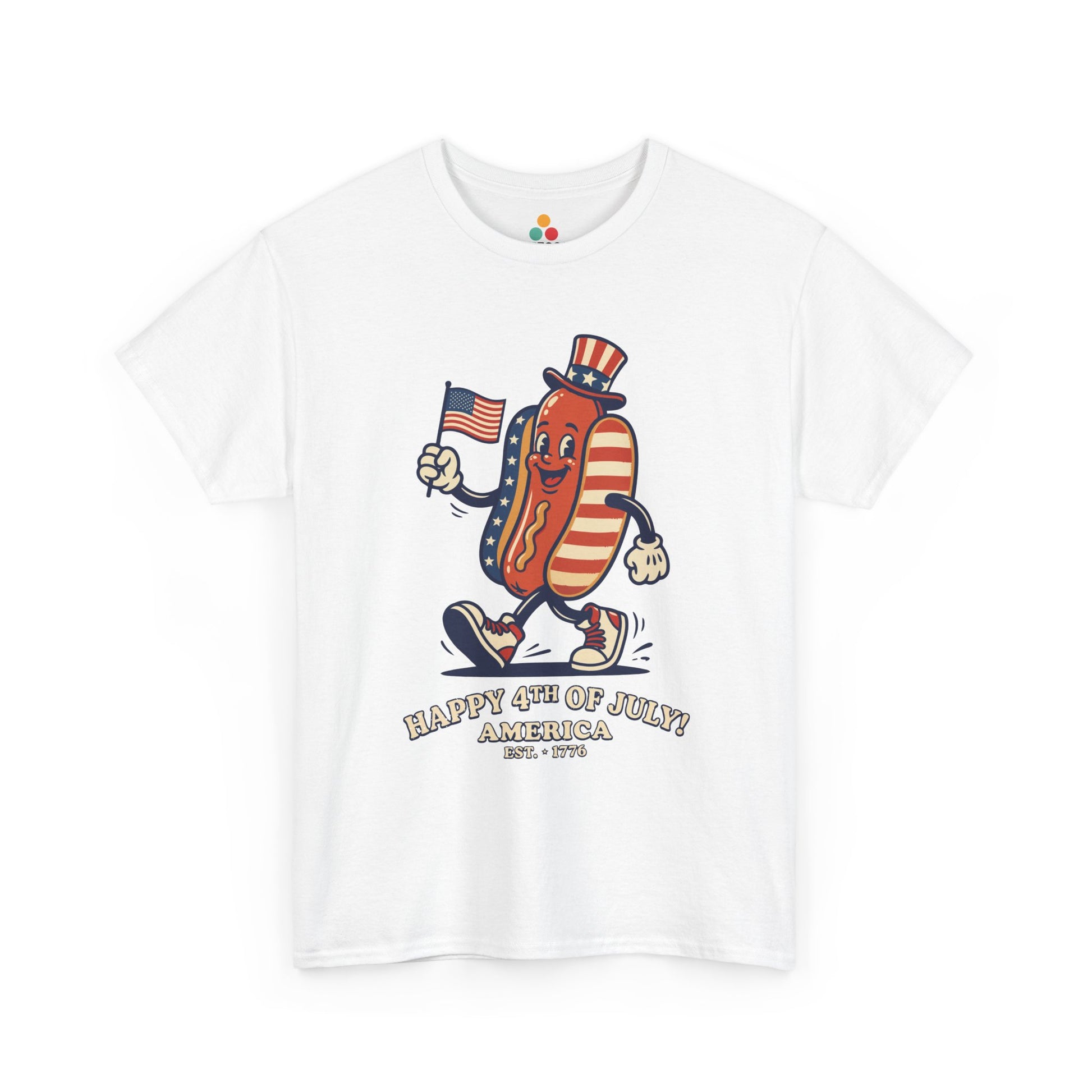 Happy 4th of July Cartoon Hot Dog white T-Shirt – Funny Patriotic Gift for Men and Women | TEEZOCA 