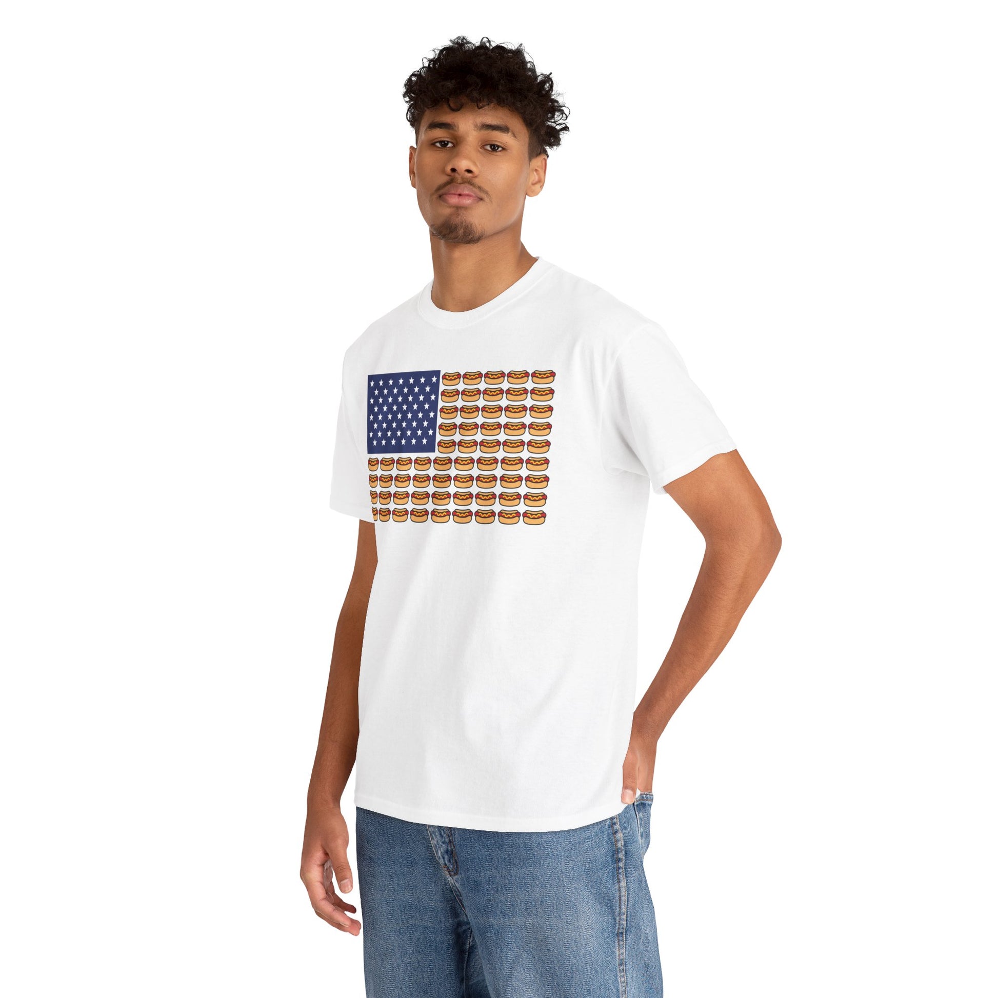 Hot Dog Shirt American Flag Funny 4th of July BBQ T-shirt Gift | TEEZOCA funny hot dog shirt t-shirt showing a patriotic hot dog flag design with ketchup mustard rows and July 4 humor.

