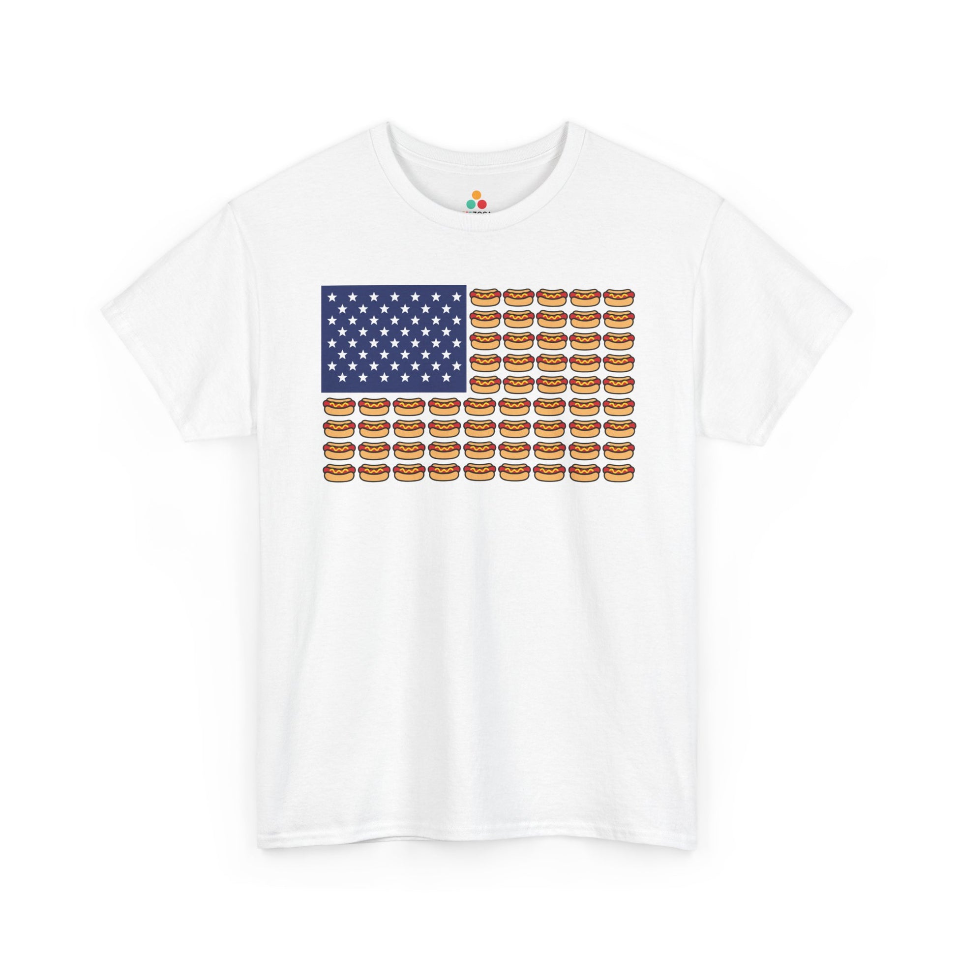 Hot Dog Shirt American Flag Funny 4th of July BBQ T-shirt Gift | TEEZOCA hot dog shirt T-shirt with American flag made from cartoon hot dogs, blue star field, ketchup, and mustard details.

