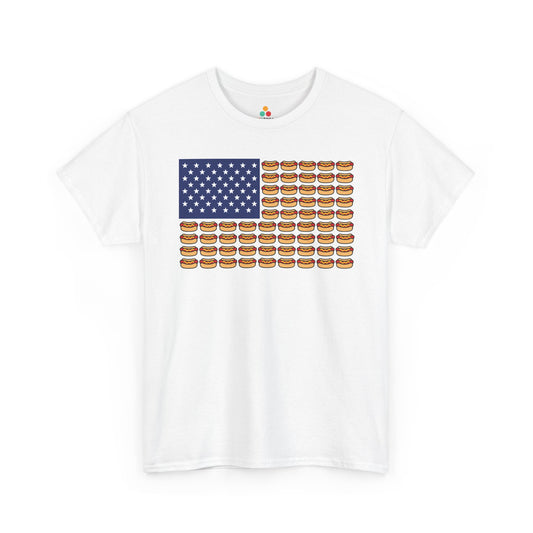 Hot Dog Shirt American Flag Funny 4th of July BBQ T-shirt Gift | TEEZOCA hot dog shirt T-shirt with American flag made from cartoon hot dogs, blue star field, ketchup, and mustard details.
