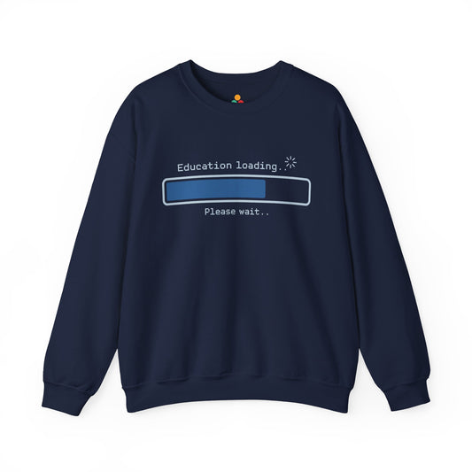 Humorous academic sweatshirt with loading screen style design by TEEZOCA Navy blue sweatshirt with 'Education loading...' graphic on a white background
