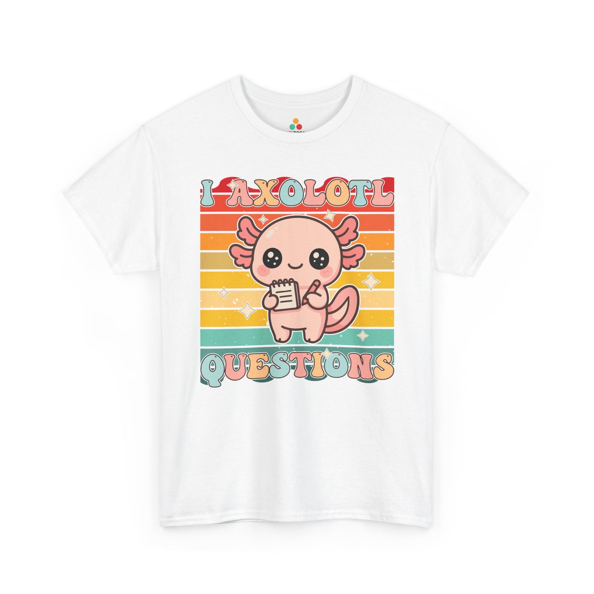 I Axolotl Questions Retro Cute Kawaii Axolotl Unisex T-shirt | TEEZOCA pastel axolotl pun Unisex T-shirt with sunset stripes